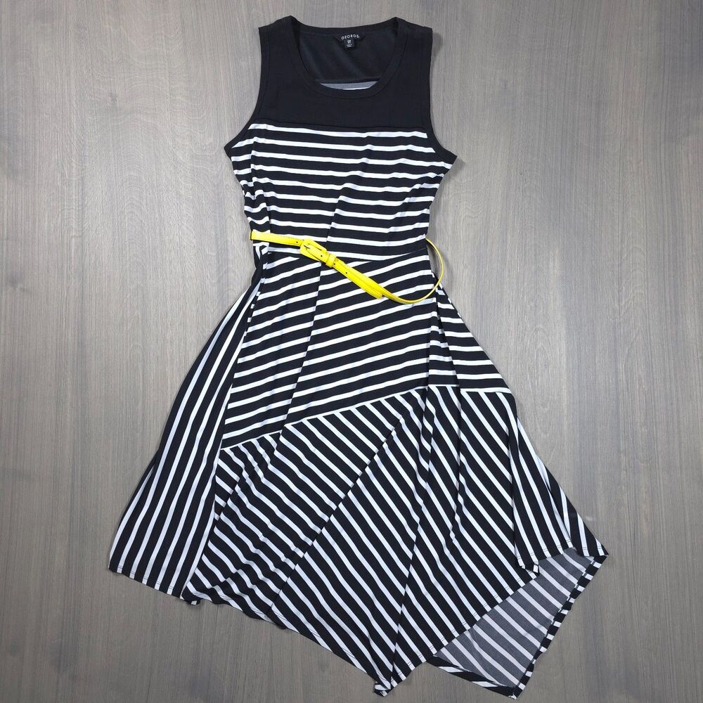 George Striped Sleeveless Asymmetrical Dress Size XS 4-5 Black White Yellow Belt